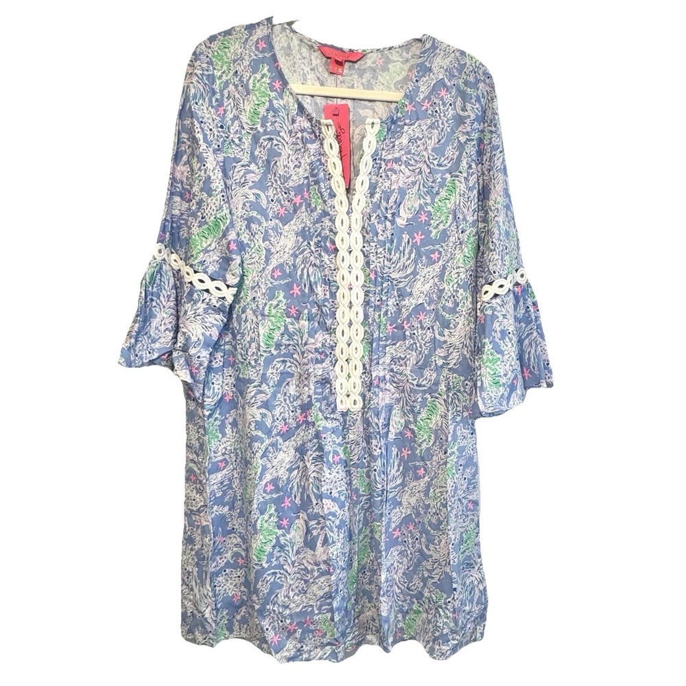 LILLY PULITZER HOLLIE TUNIC DRESS SHIFT BLUE PERI THE TURTLE PACKAGE Sz L NWT